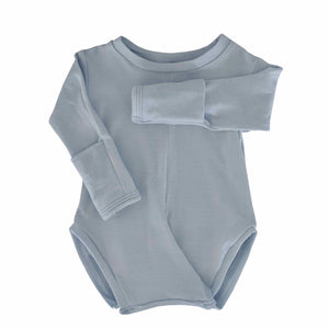Sky Blue No Snap Long Sleeve Peasy Onesie with folder wrist cuffs. Ultra soft, breathable, hypoallergenic, easy to change, no fuss. Size Newborn.