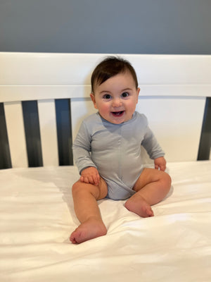 Sky Blue No Snap Long Sleeve Peasy Onesie. Ultra soft, breathable, hypoallergenic, easy to change, no fuss, Size 9-12 months, No-snap onesies, sustainable, Classic Baby Clothing, Boutique Children's Clothing